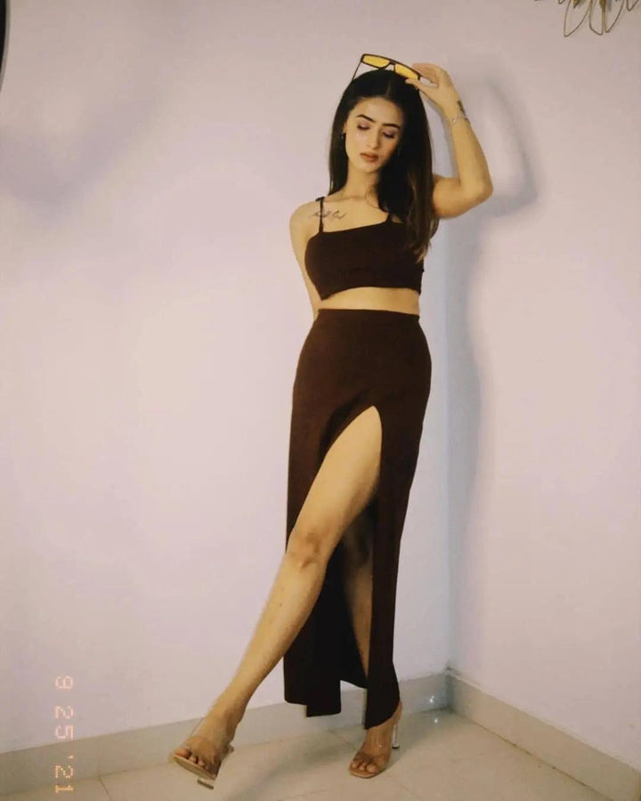 Risate women's summer co ord sets featuring a brown two-piece outfit with a slit skirt.