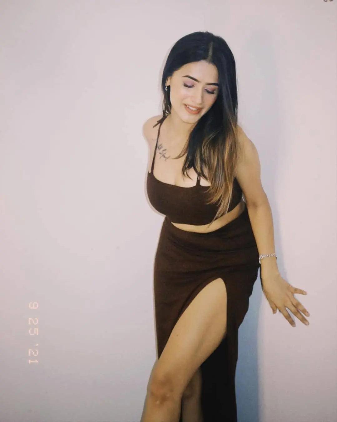 Brown women's summer co ord sets featuring a crop top and high-slit skirt for a stylish look