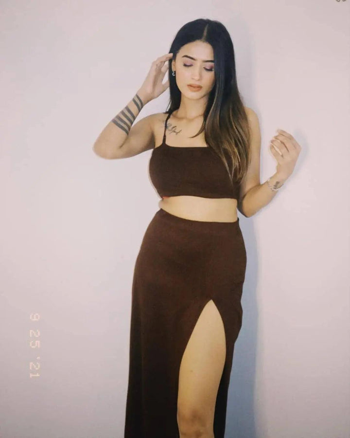 Risate women's summer co ord sets in brown featuring a crop top and high-slit skirt for stylish summer outfits