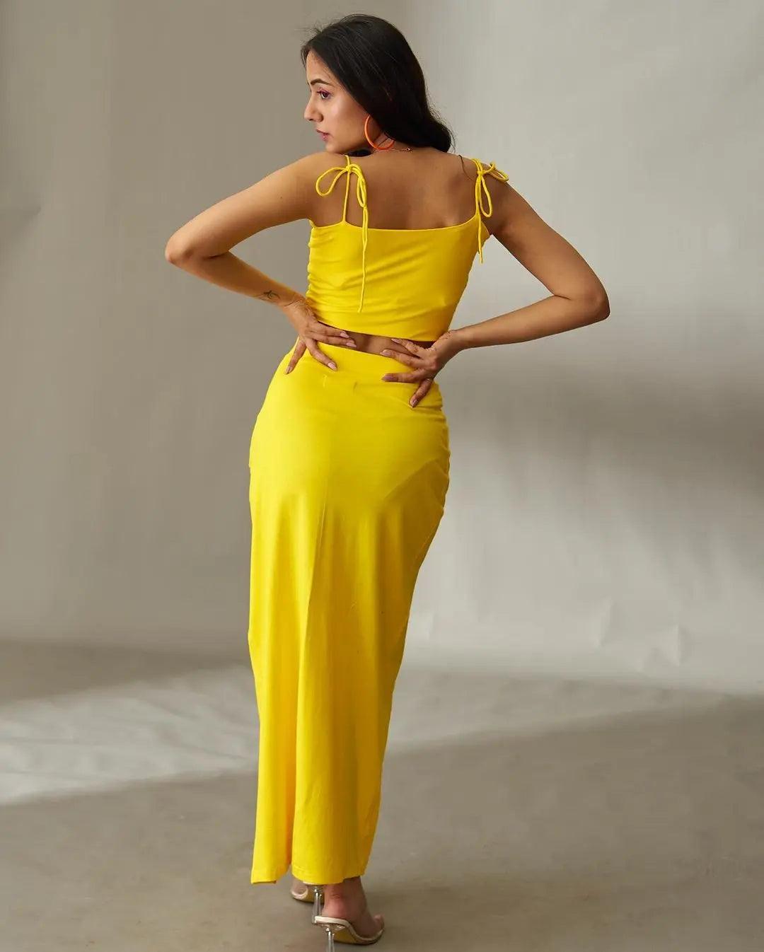 Stylish Risate women's summer co ord sets featuring a yellow crop top and matching skirt
