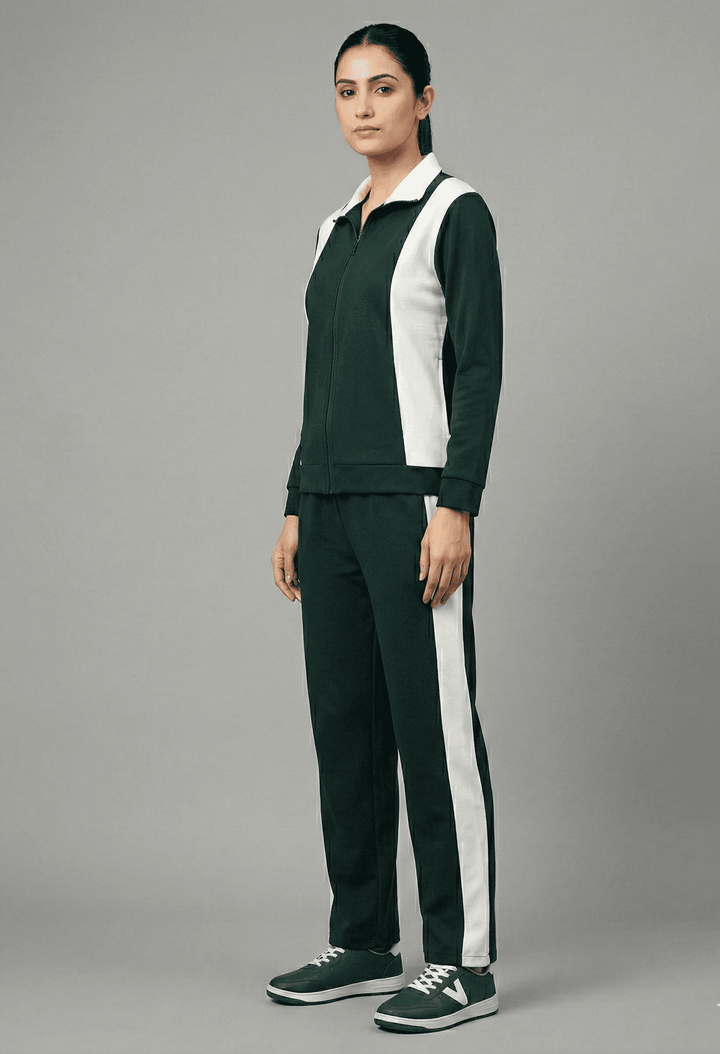 Risate women's tracksuit set featuring a zip-up jacket and matching pants in dark green and white
