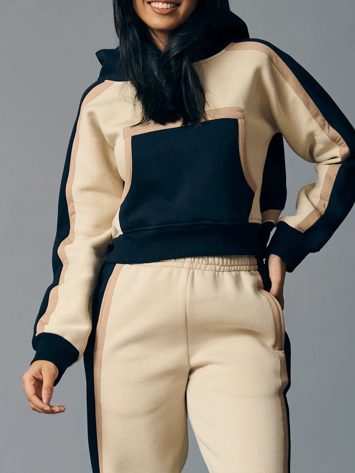 Risate women's two piece western set in beige and black with a stylish hooded sweatshirt and matching pants