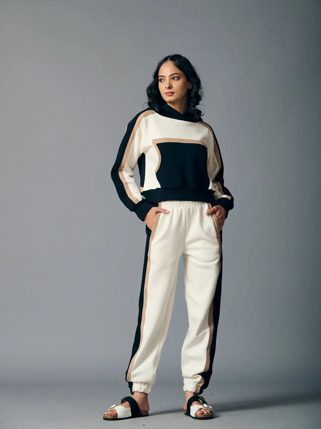 Risate women's two piece western set featuring a black and white hoodie with matching joggers
