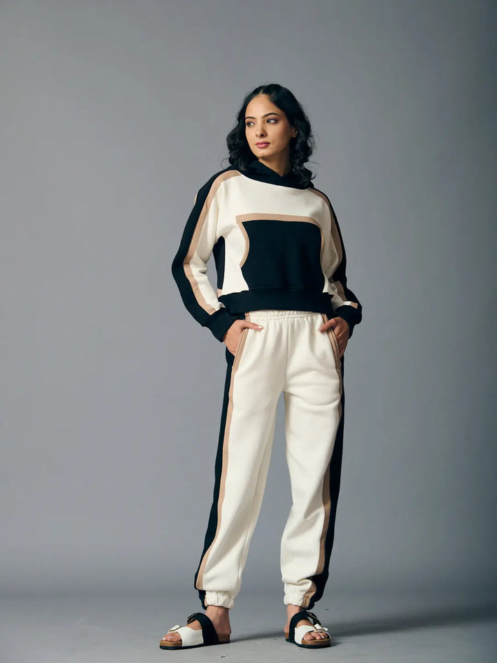 Risate women's two piece western set featuring a black and white hoodie with matching joggers