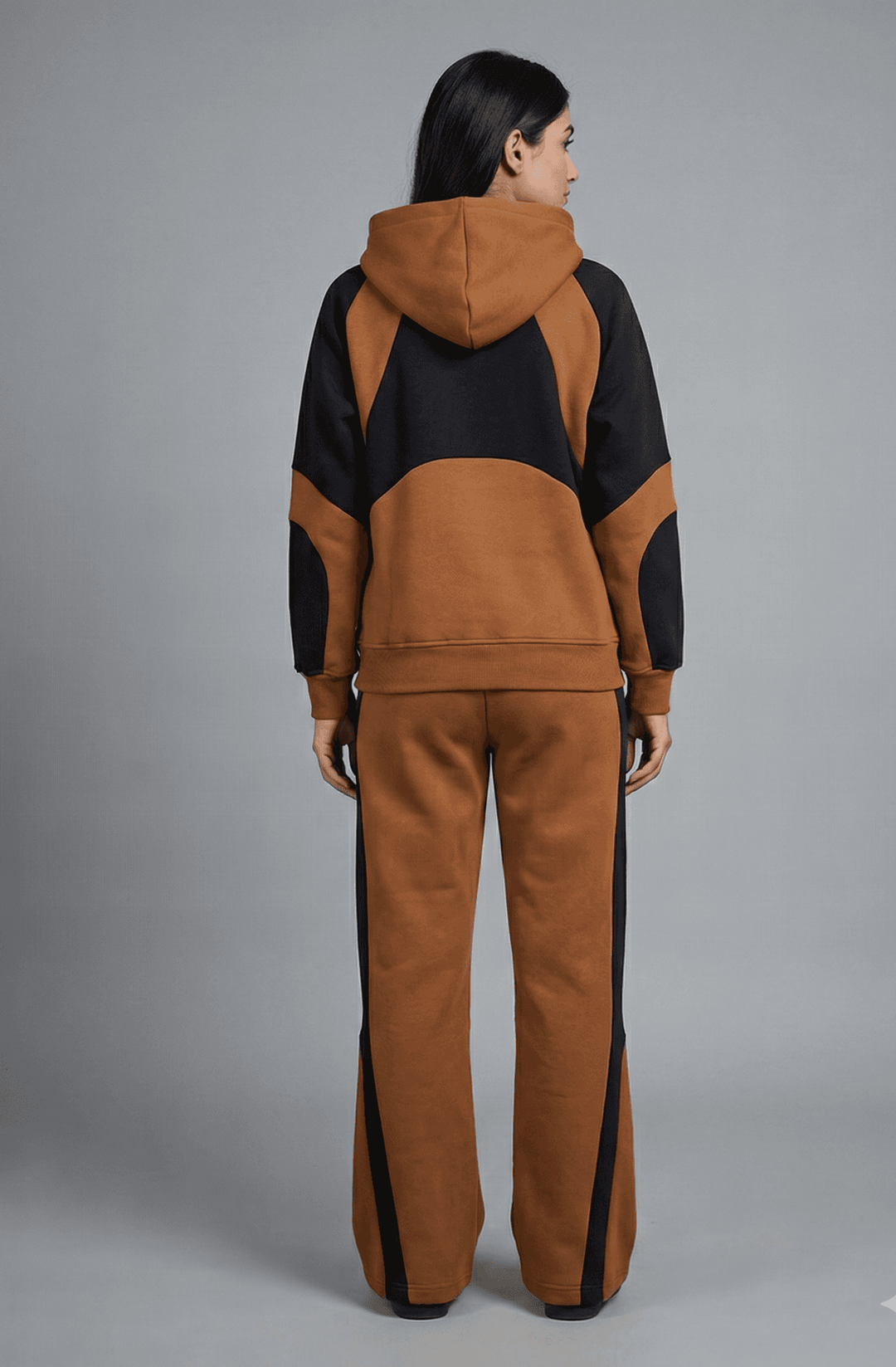 Risate women's western co-ord set featuring a stylish hoodie and matching pants in brown and black