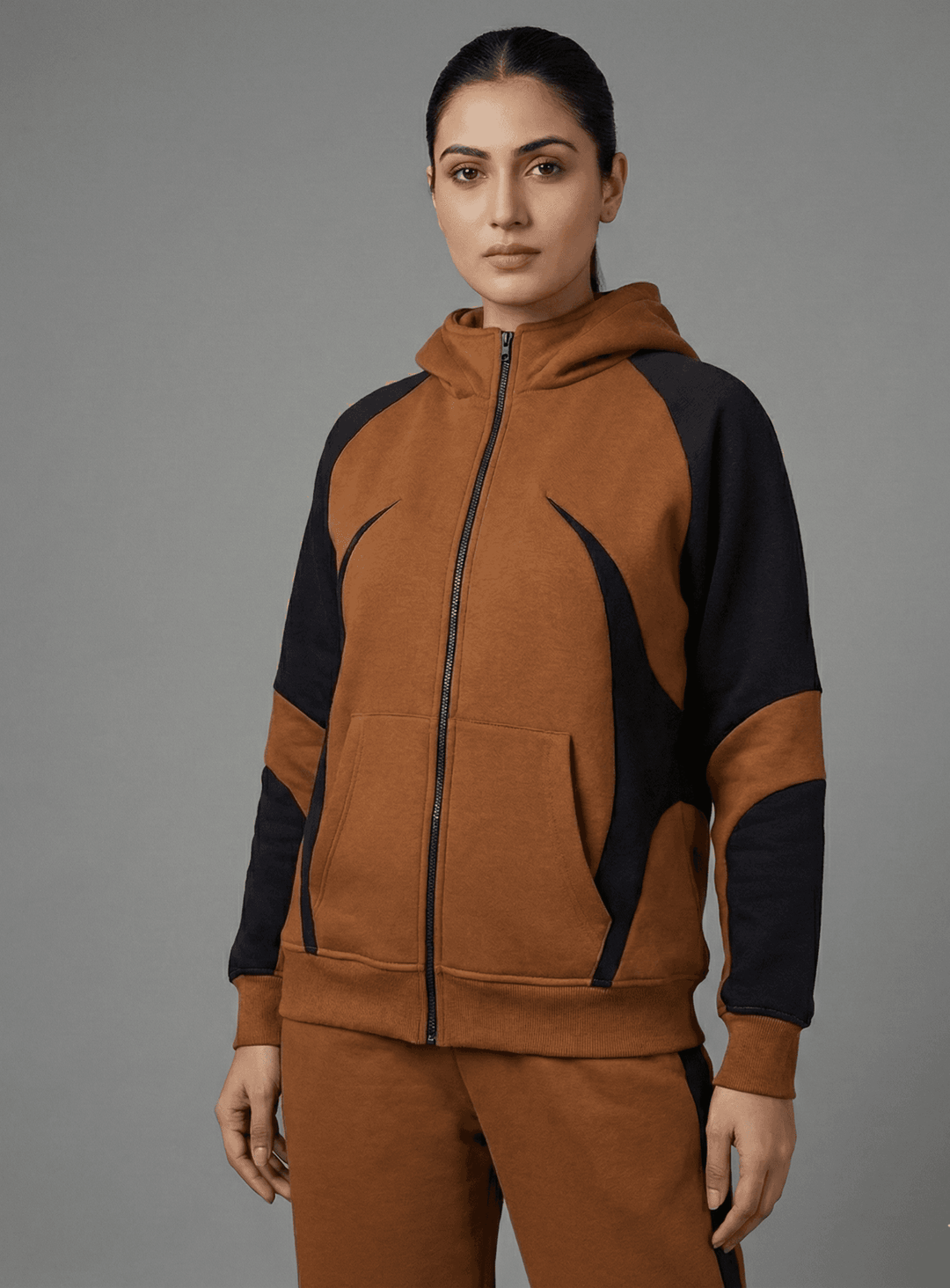 Risate women's western co-ord set featuring a zip-up hoodie and matching pants in brown and black