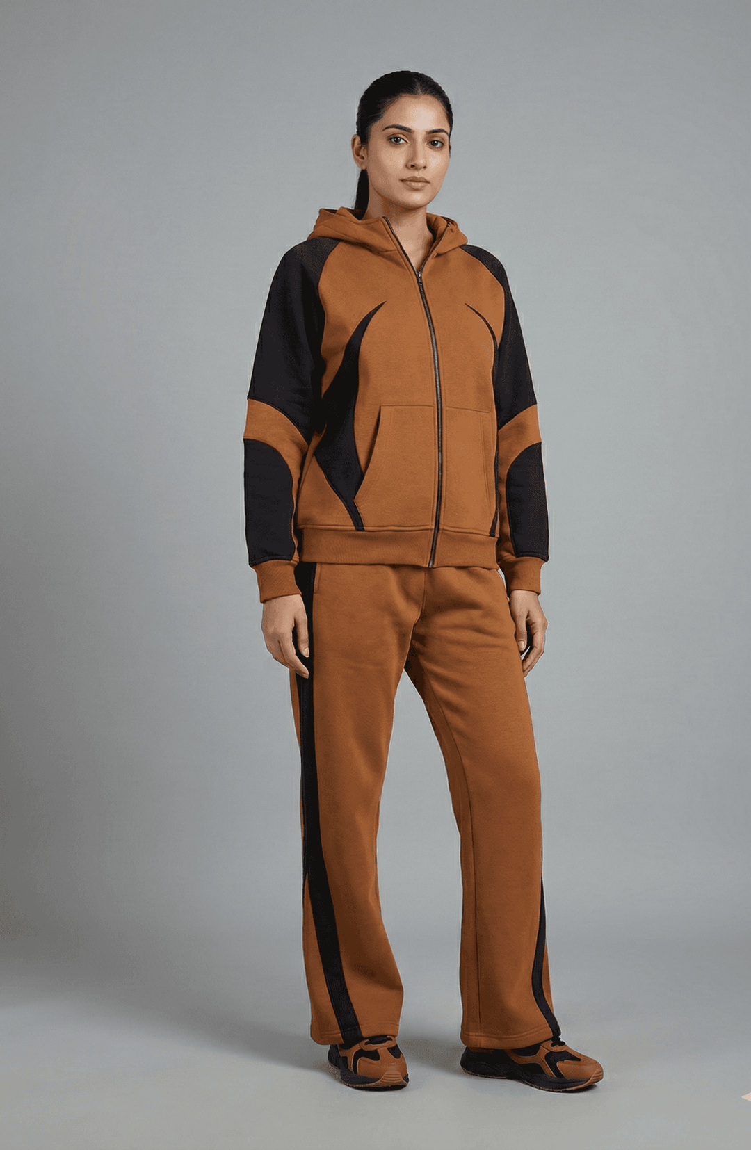 Risate women's western co-ord set in brown with a stylish zip-up hoodie and matching pants.