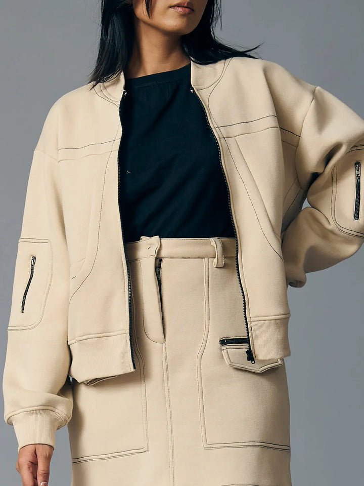 Risate women's western fleece set in beige featuring a stylish jacket and matching skirt
