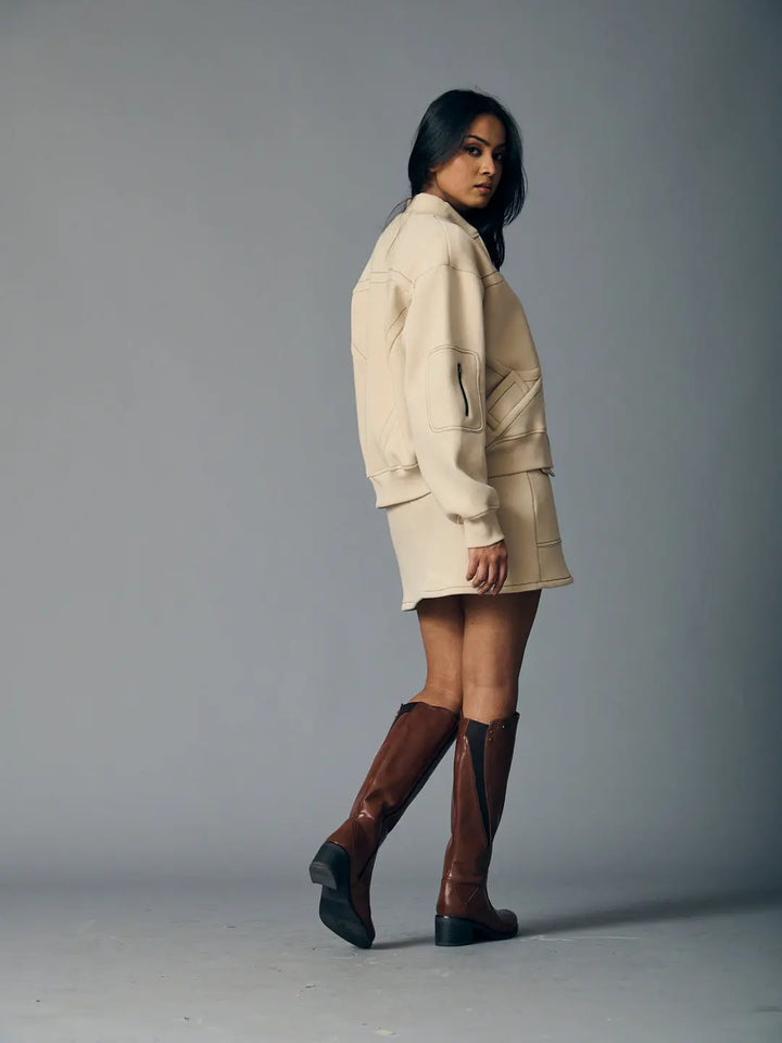 Risate women's western fleece set in cream with a stylish oversized jacket and mini skirt