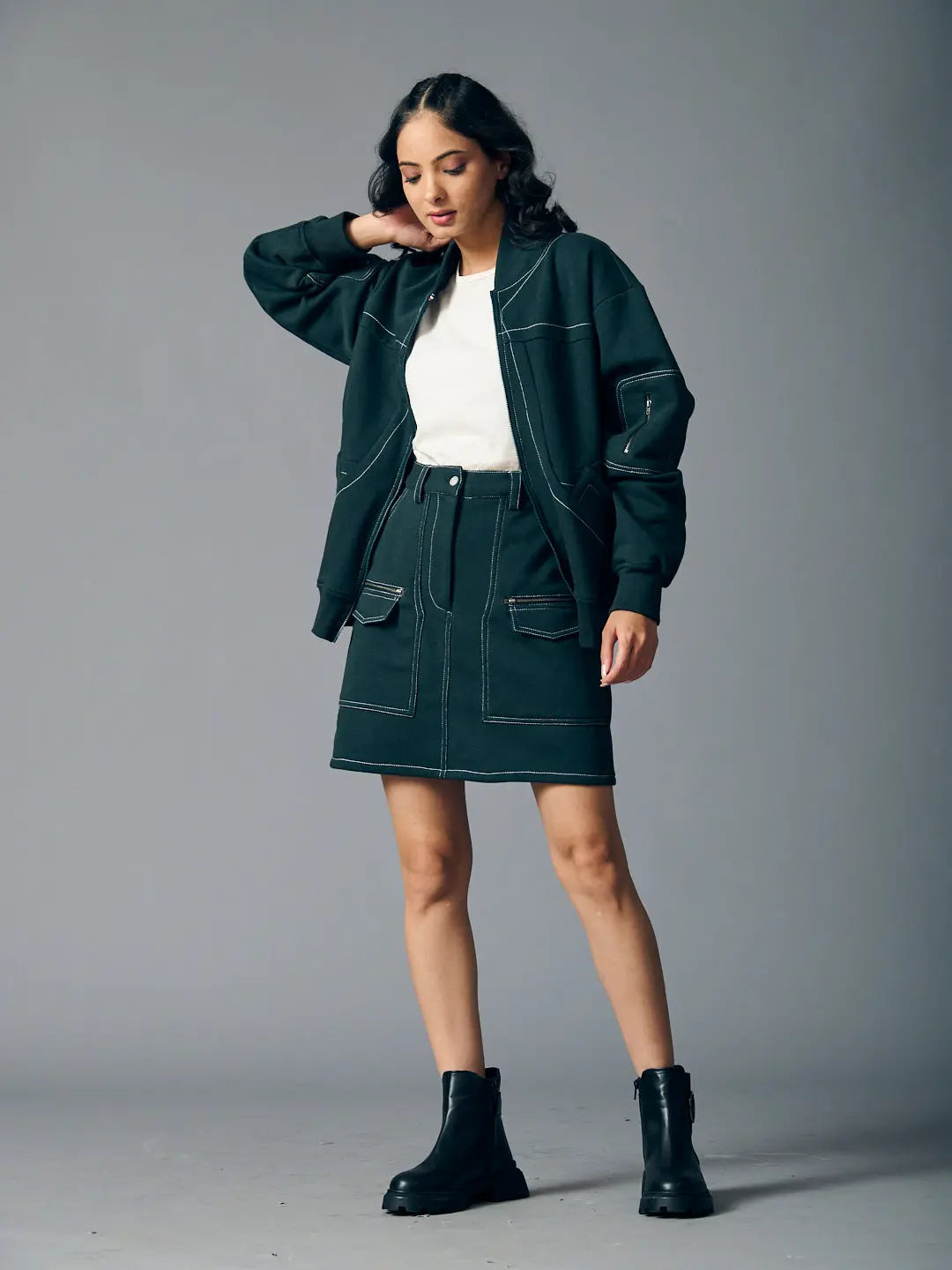 Risate women's western fleece set in dark green with a stylish jacket and mini skirt for a trendy look