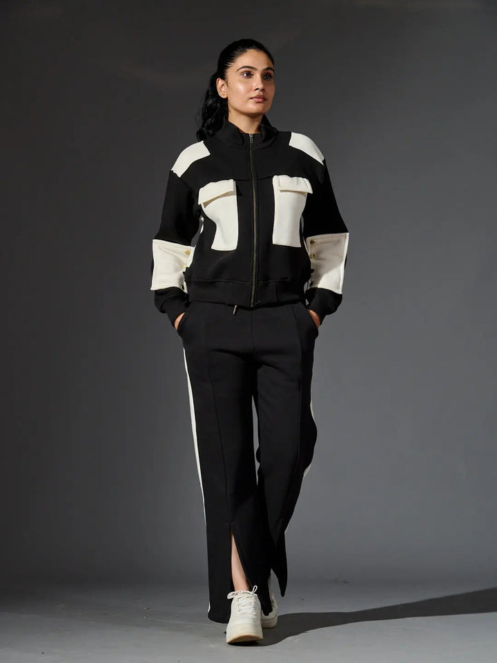 Risate women's western luxe jacket in black and cream with stylish pockets and modern fit