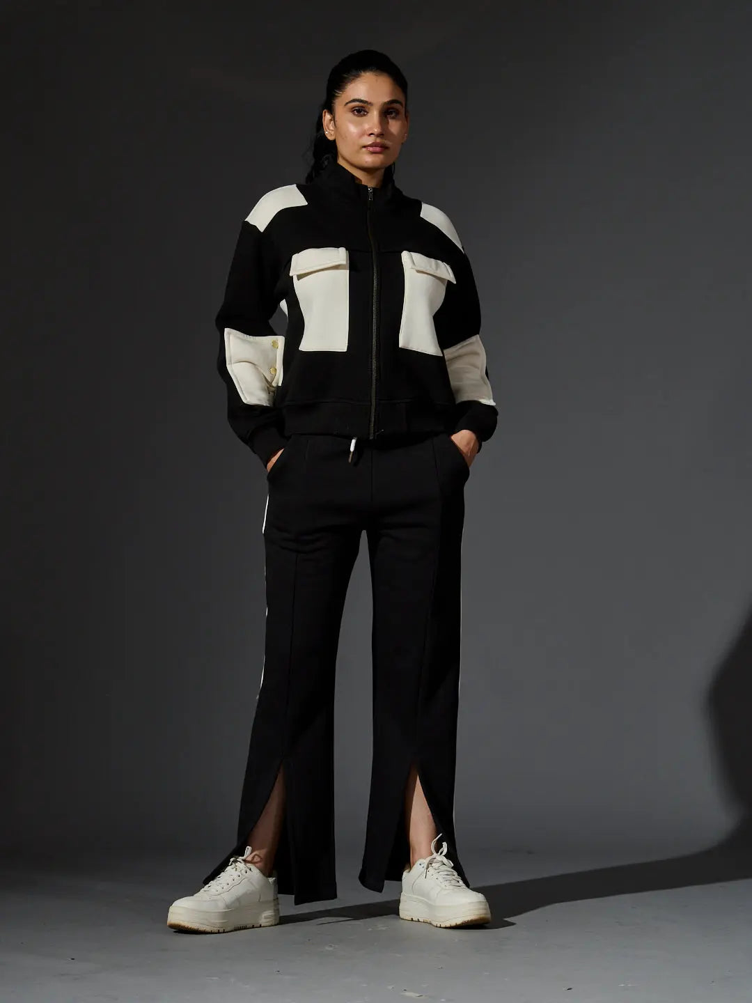 Risate women's western luxe jacket in black and white with zippered pockets for a stylish look