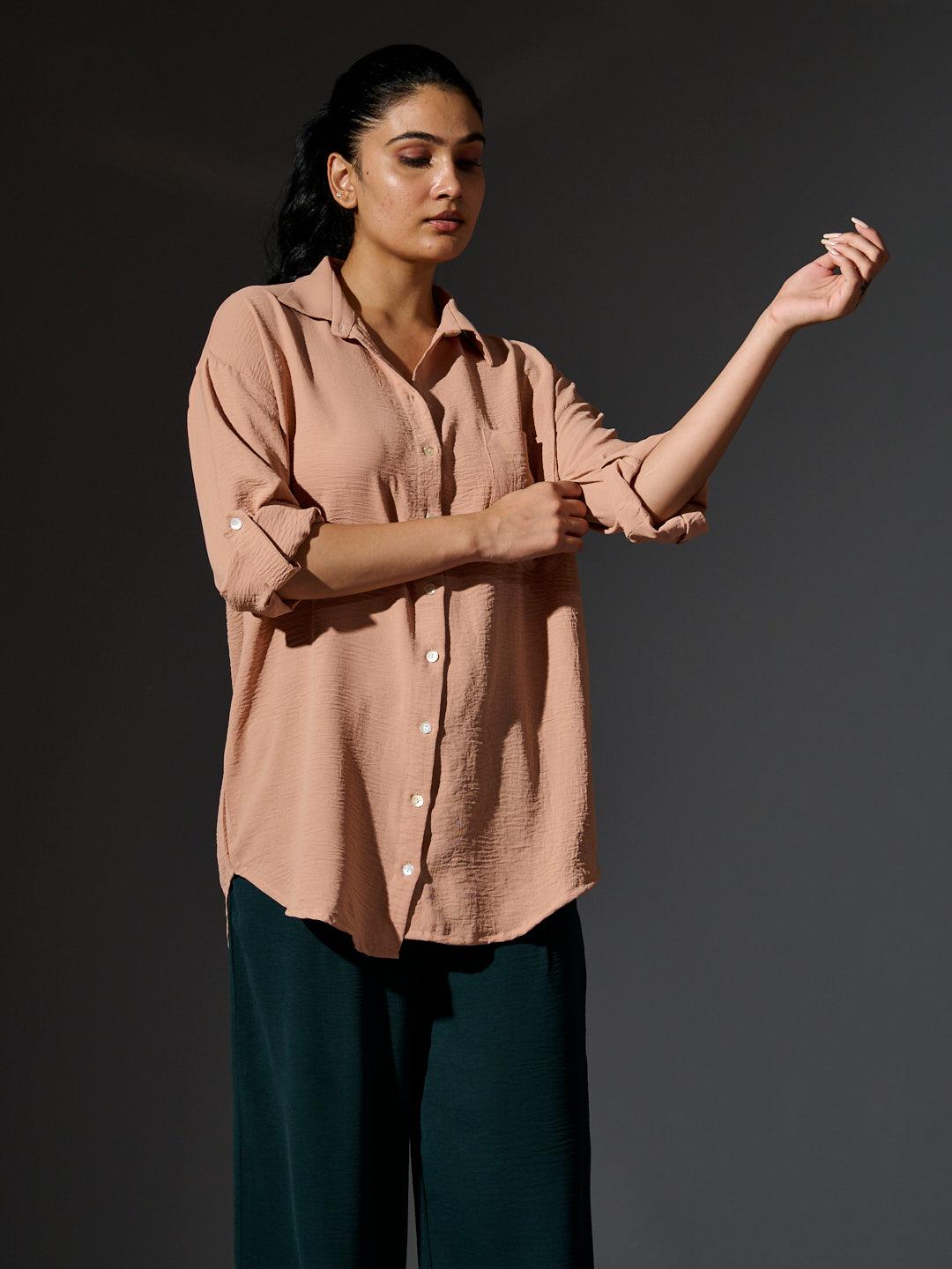 Risate women's western shirts in soft peach fabric with rolled sleeves and button details