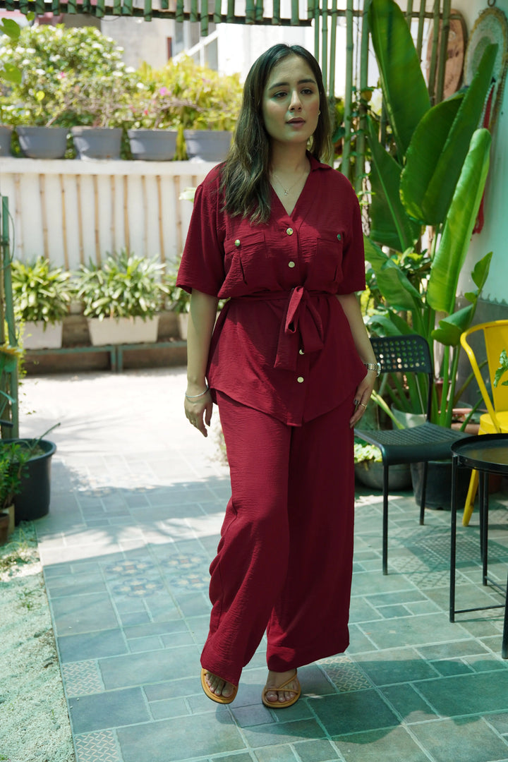 Risate women's western wear set in burgundy with a button-up top and wide-leg pants for a stylish look