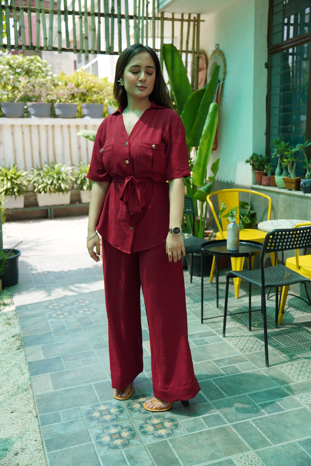 Risate women's western wear set in burgundy, featuring a tied waist top and wide-leg pants