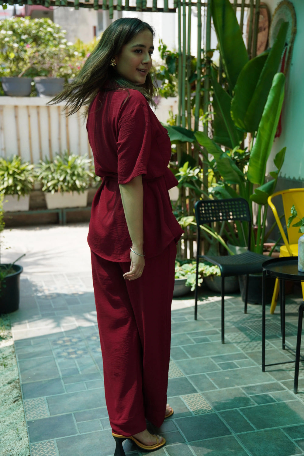 Risate women's western wear set in burgundy with a stylish top and matching trousers