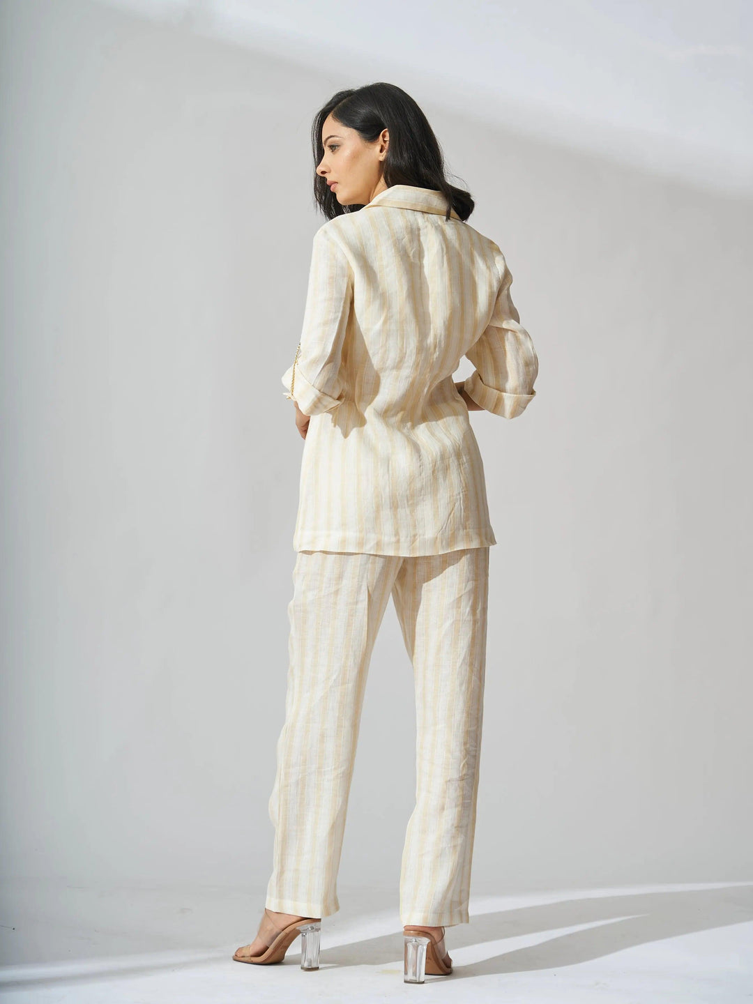 Stylish yellow striped linen blazer set for women with a relaxed fit and elegant design