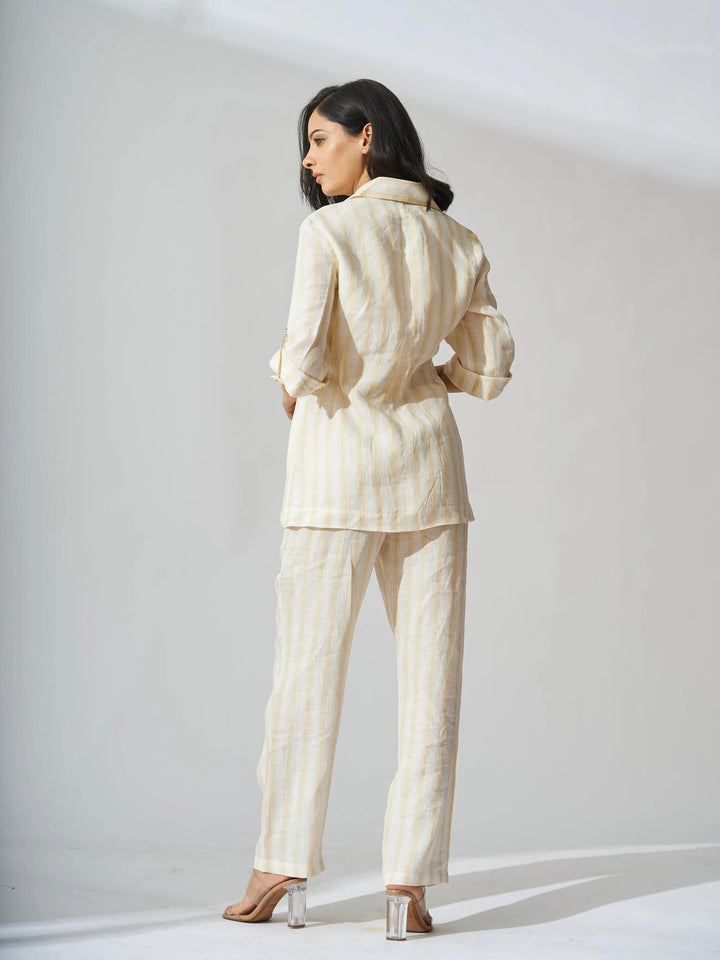 Stylish yellow striped linen blazer set for women with a relaxed fit and elegant design