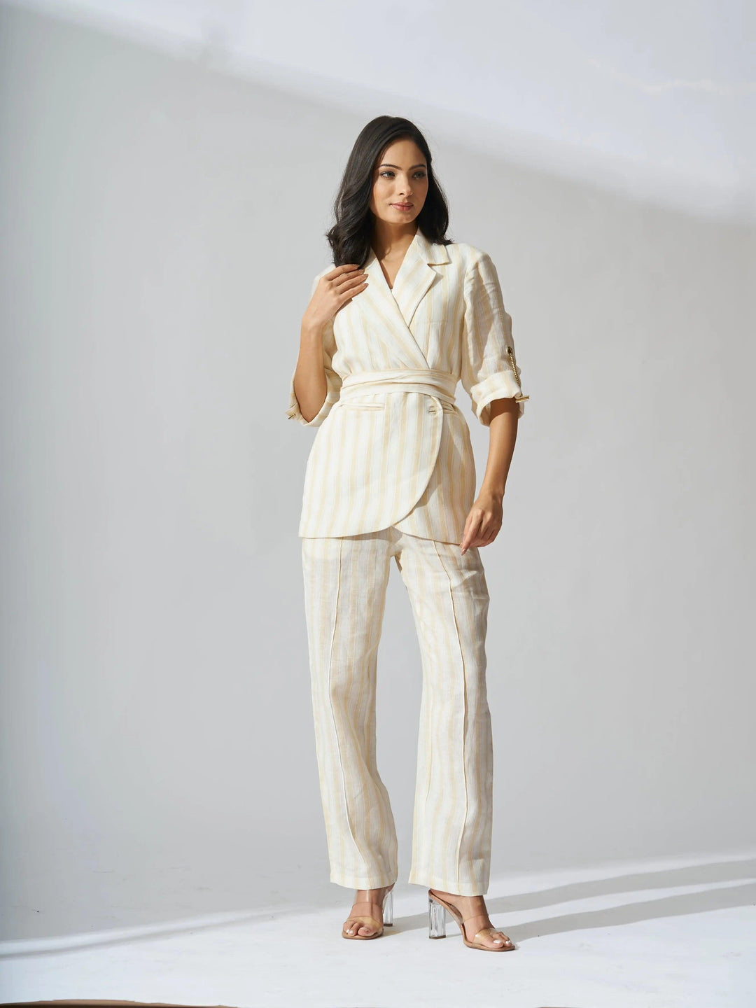 Risate yellow striped linen blazer set for women featuring a tailored fit and matching trousers