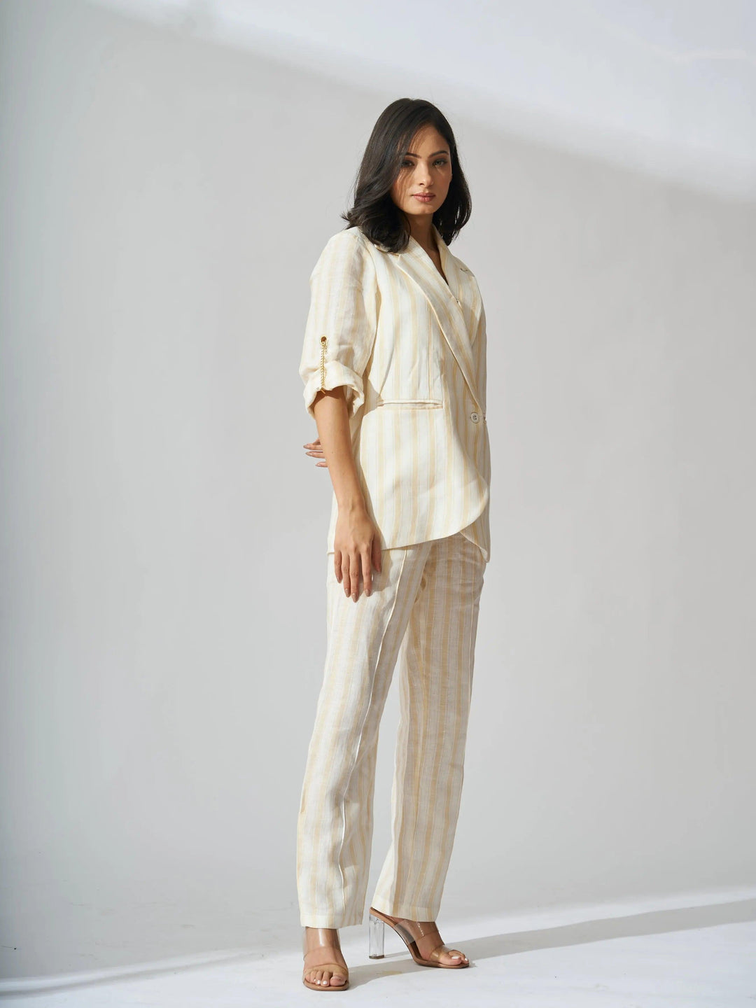 Yellow striped linen blazer set for women featuring a stylish oversized fit and matching pants
