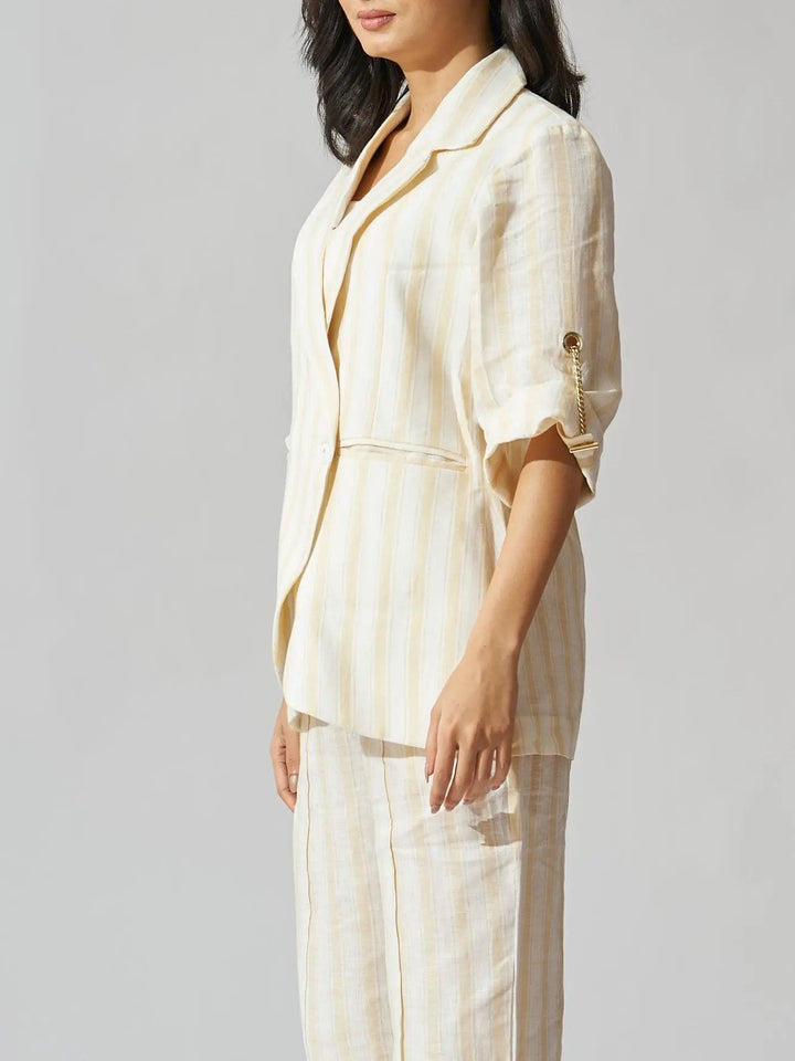 Yellow striped linen blazer set for women featuring a relaxed fit and stylish design