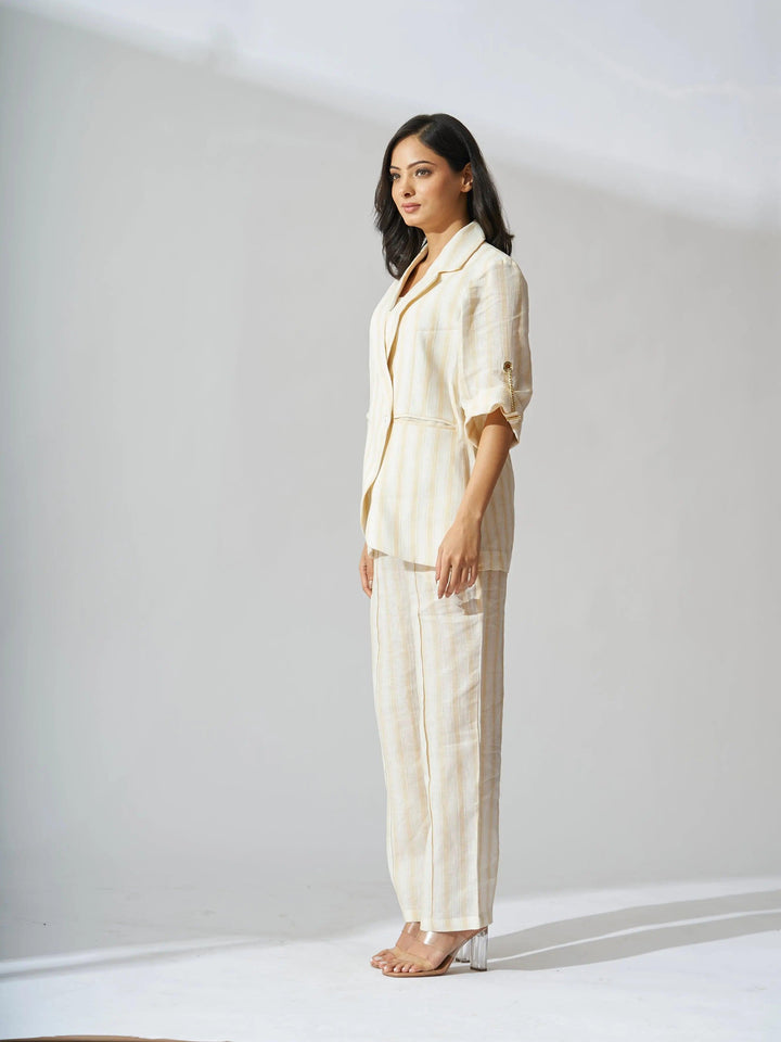 Yellow striped linen blazer set for women featuring a stylish design and lightweight fabric