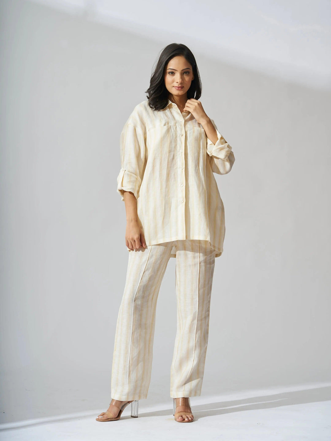 Yellow stripes linen coord set for women featuring a relaxed shirt and matching pants