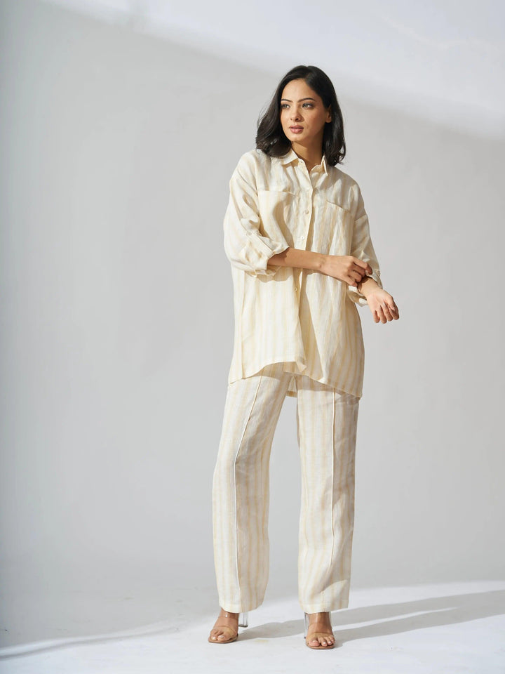 Risate yellow stripes linen coord set for women featuring a stylish oversized shirt and matching pants