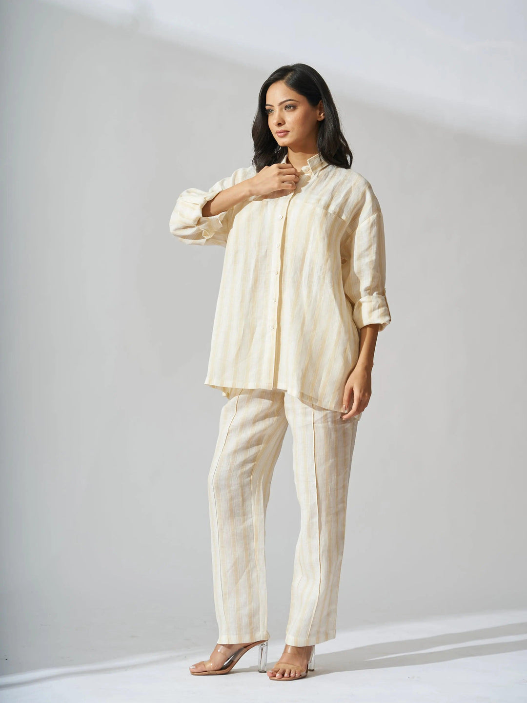 Risate yellow stripes linen coord set for women featuring a button-up shirt and matching pants