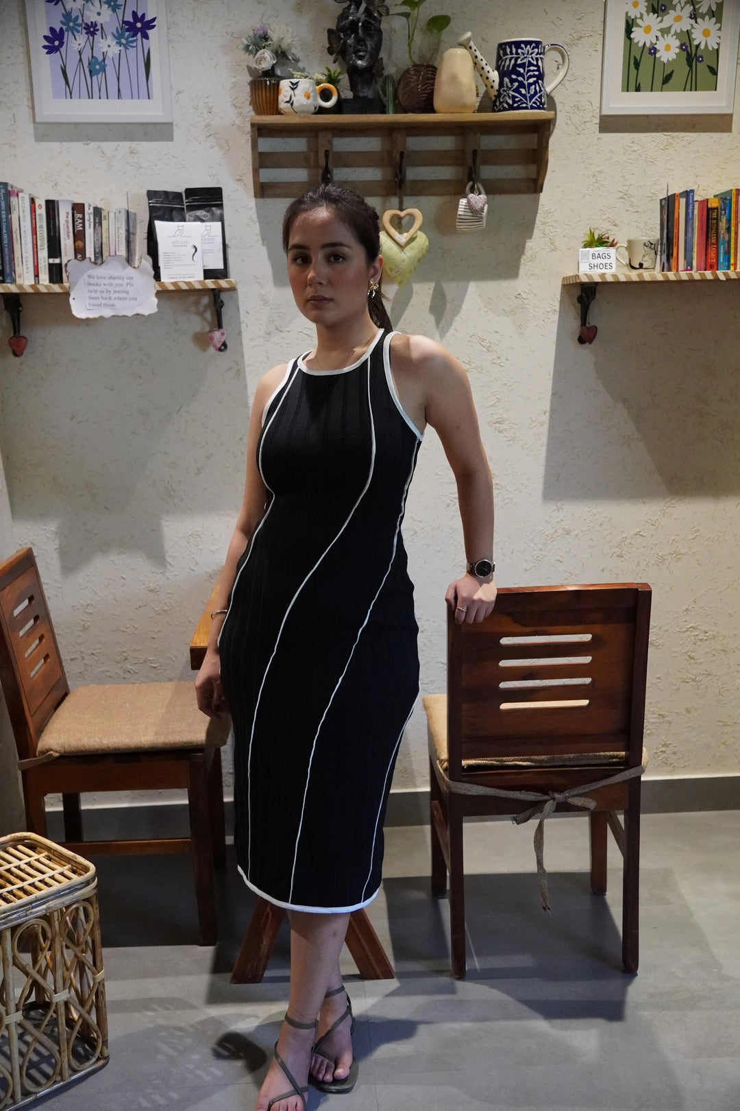 Risate Zen Slit Dress for Women in Black with White Accents, Perfect for Stylish Outings